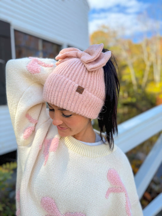 Sequin Bow Messy Bun Beanie