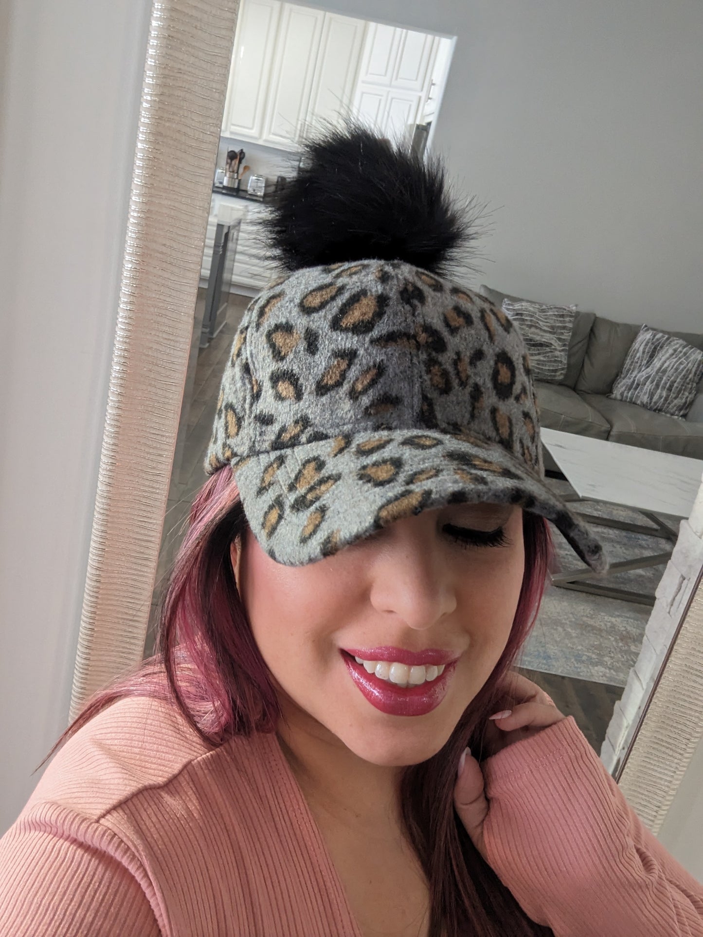 Leopard Baseball Cap with Removable Pom