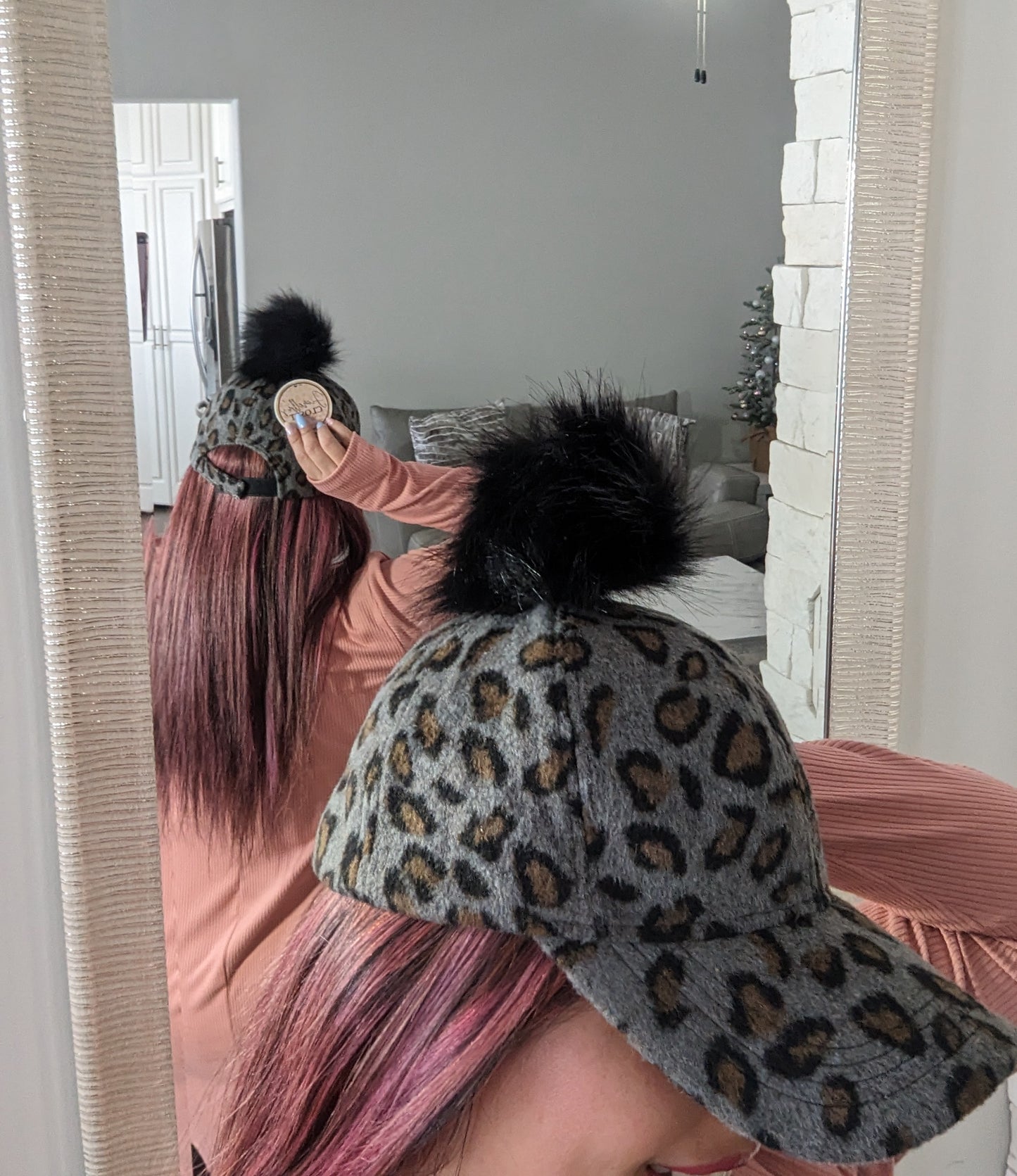 Leopard Baseball Cap with Removable Pom