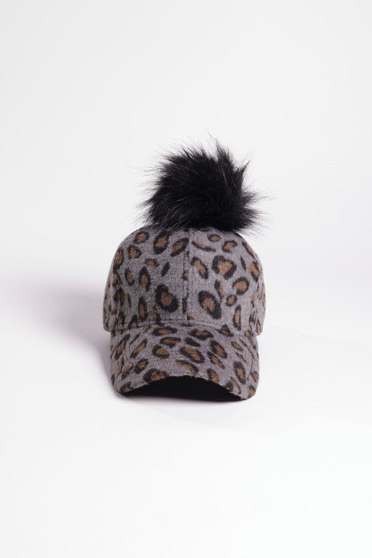 Leopard Baseball Cap with Removable Pom