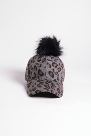 Leopard Baseball Cap with Removable Pom